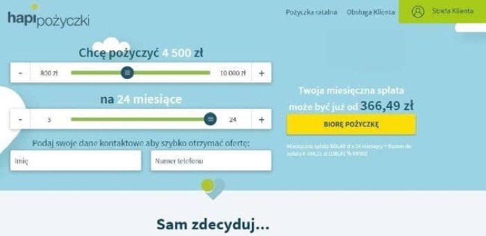 Hapi pożyczki – strona wniosku