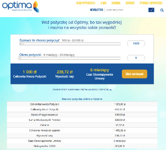 Optima – strona wniosku